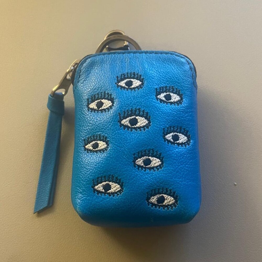 Florence Pouch Charm - Electric Blue Leather Keychain All Over Eyes Embroidery